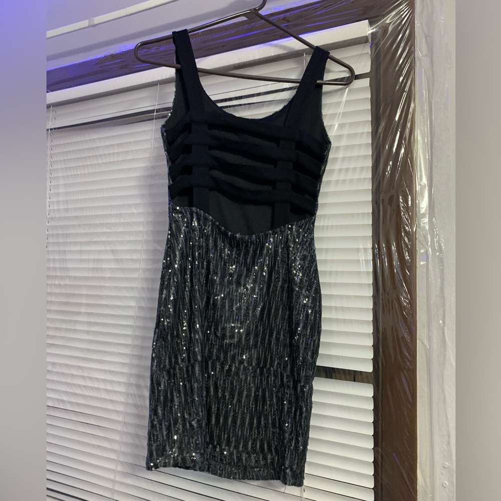 Soprano sequin open back black and grey homecoming dress